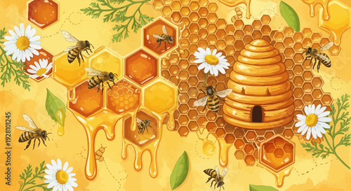 Honeybee illustration depicting bees honeycombs and chamomile flowers