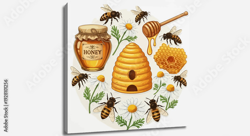 Honeybee illustration jar hive honeycomb dipper chamomile flowers