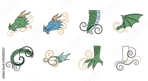 Set of stylized green and blue dragon head, tail, wing and claw elements with ornate scrolls, concept for fantasy book cover design, mythical creature illustration and game asset creation