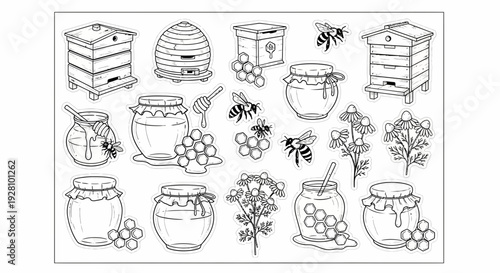 Honeybee illustration set beehives honey jars bees honeycombs