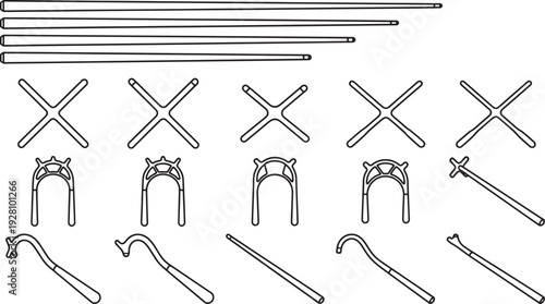 Detailed monochrome illustration of various dental tool and instruments, meticulously depicted with precision and clarity. A useful resource for dental education and presentations.