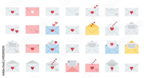 Set of colorful flat love letter and mail icons with hearts on white background, concept for romance correspondence, holiday greeting card and valentine digital communication