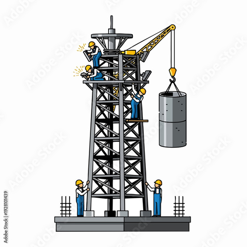 Construction workers building metal tower structure using crane in vector illustration style; engineering industry and infrastructure development
