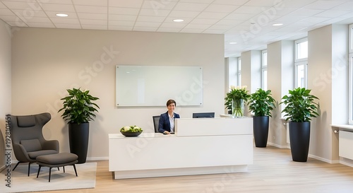 Smiling receptionist sits at a modern white reception desk in an office lobby.