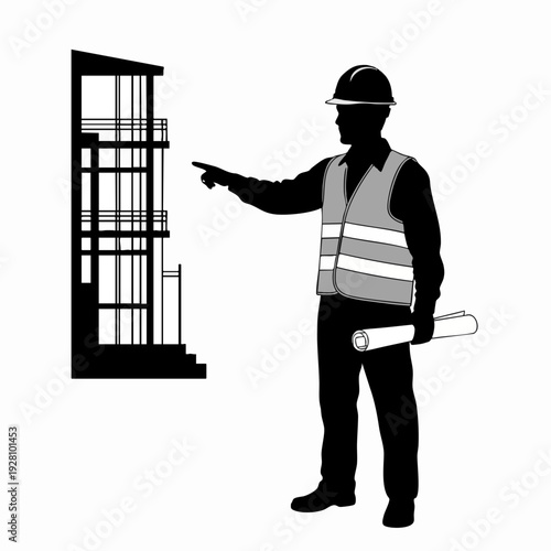 Construction worker overseeing building project with blueprint in hand architect in safety vest points at framework on site