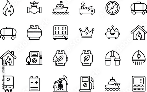 Energy and fuel industry line icons set with gas oil heating transport power supply symbols isolated vector illustration collection