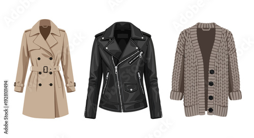 Collection of women's outerwear including beige trench coat, black leather biker jacket and chunky knit cardigan, concept for fashion retail promotion, seasonal style guide and clothing catalog