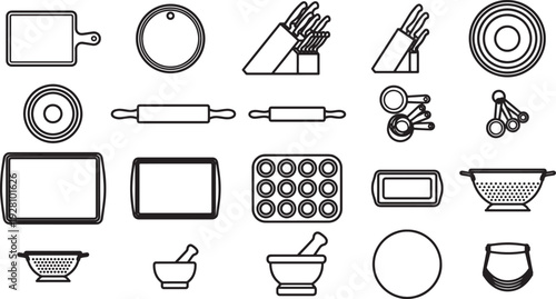 A minimalist flat lay of essential kitchen utensils and tools, meticulously outlined against a clean, uncluttered background, embodies the art of culinary minimalism. 