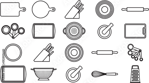 A collection of meticulously illustrated kitchen utensils. 