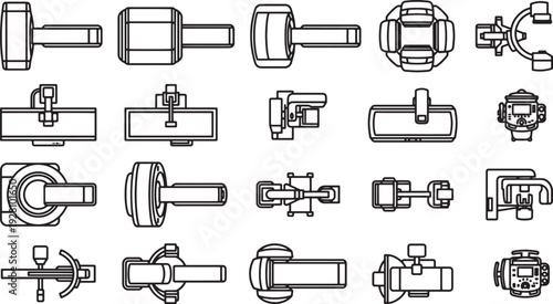 A Collection of detailed, monochrome design elements of various industrial components, artfully arranged to showcase precision and technicality.
