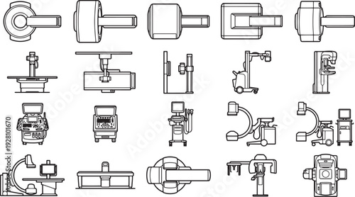 Medical diagnostic equipment and machine icon set, showing intricate details, a visual guide through advanced diagnostic tools. 