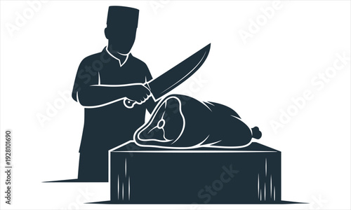 Butcher preparing to cut a large piece of meat on a block with a knife