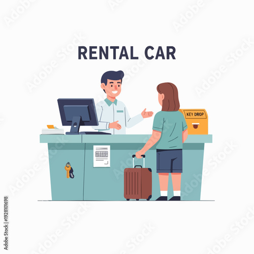 Customer standing at car rental counter talking with clerk holding suitcase illustration in flat vector design style