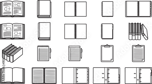 A comprehensive collection of assorted books and binders, presented in a clean and organized manner.