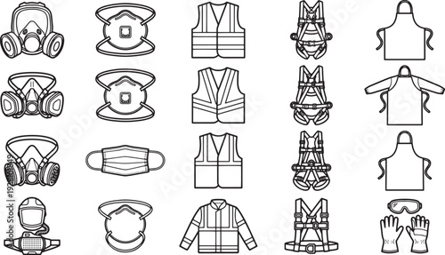 Safety Equipment Illustration Featuring Protective Gear and Apparel, Highlighting a Variety of Safety Items in a Detailed and Comprehensive Illustration.