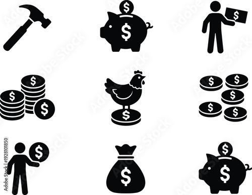 Finance and Savings Icons Set Featuring Piggy Bank Coins Money Bag Investment Income and Business Payment Silhouette Collection