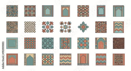 Collection of various Islamic prayer rug designs and geometric patterns in muted earth tones, concept for religious material design, cultural background illustration and textile print