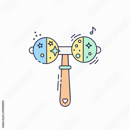 Cute toy rattle with two colorful circles and a wooden handle creating a playful and cheerful vector illustration for children's designs