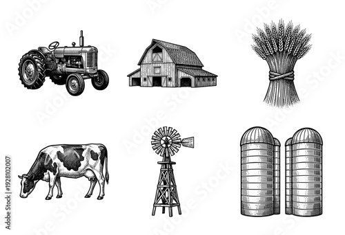 Vintage farm icon set featuring hand drawn engraving style illustrations of a tractor, barn, wheat, cow, windmill, and grain silos
