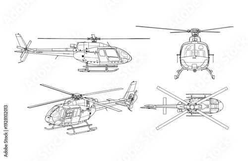 Helicopter vector illustrations various views for transport