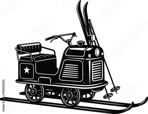 Vintage Snowmobile with Skis and Star Design on White