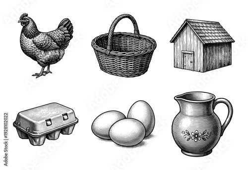 Vintage woodcut illustration collection of poultry farming elements featuring a chicken eggs basket coop and ceramic pitcher