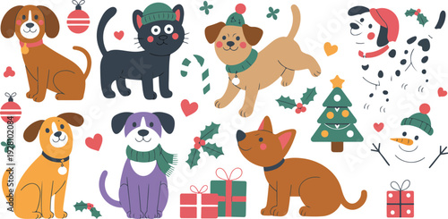 Cute Holiday Pets Vector Collection with Dogs and Cats Wearing Reindeer Antlers and Winter Accessories