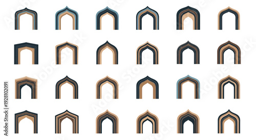 Set of Islamic geometric arch door icons in various muted tones, concept for architectural illustration, cultural design element and website navigation icons