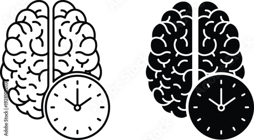Human brain and clock icons representing time management and cognitive mental health concepts in black style