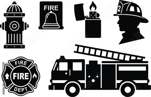 Fire department emergency service icons set with firefighter truck hydrant alarm helmet ladder black silhouette illustration collection