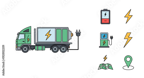Green electric semi-truck charging with battery and charging station icons, concept for logistics planning, sustainable transport solutions and automotive technology illustration