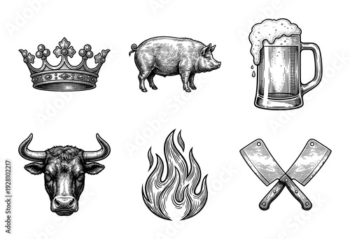 Vintage woodcut style collection featuring crown, pig, beer mug, bull head, flame, and crossed butcher cleavers