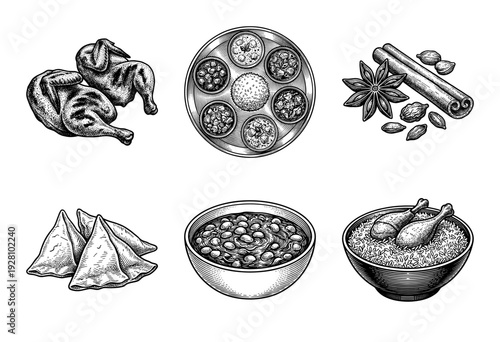 Set of hand drawn monochrome engravings featuring traditional Indian cuisine including biryani, samosas, dal, tandoori chicken, and aromatic spices