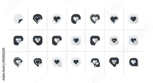 Set of various heart sticker icons with peeling corners, concept for social media engagement, UI/UX design element and digital marketing assets
