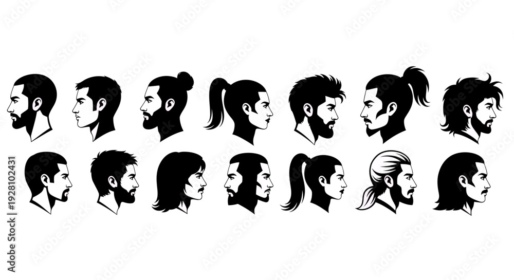 Fototapeta premium Collection of male and female diverse hairstyle and beard silhouettes in profile view, concept for barber shop promotions, cosmetic product branding and fashion magazine illustration