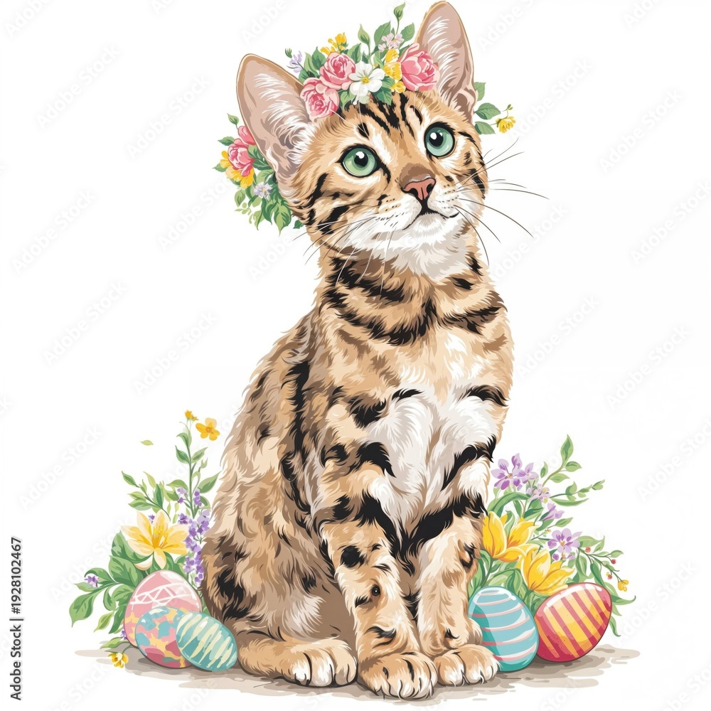 Obraz premium Adorable Tabby Cat With Floral Crown and Colorful Easter Eggs in Spring Garden