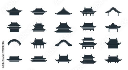 Collection of various dark silhouette icons representing traditional Asian, Chinese and Japanese temple or pagoda roof styles, concept for architecture design, cultural illustration and travel poster