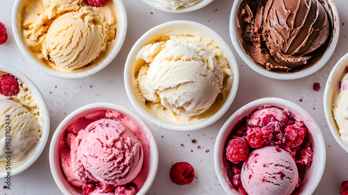 A variety of colorful ice cream scoops in small white bowls on a clean white surface