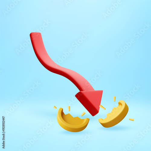 3D Red downward arrow breaking golden coin. Financial crisis concept, investment risk. Losing money, economic recession. Vector illustration