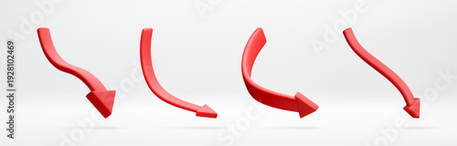 Set of red 3D arrows pointing downward in various styles. Concept of business decline, market crash, or financial loss for economic visualization. Vector illustration