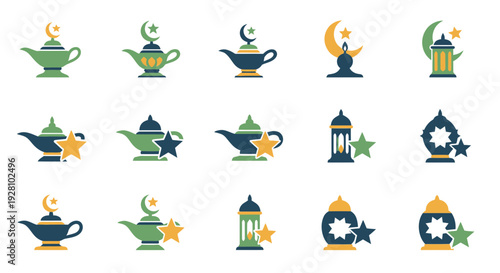 Set of diverse Aladdin lamp and Ramadan lantern icons with crescent and stars, concept for religious graphic design, holiday celebration material and cultural communication