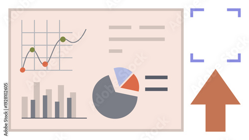 Business strategy, data analysis, performance tracking, growth metrics, finance, presentation tools. Dashboard with graphs, charts and arrow. Data analysis and performance tracking visuals