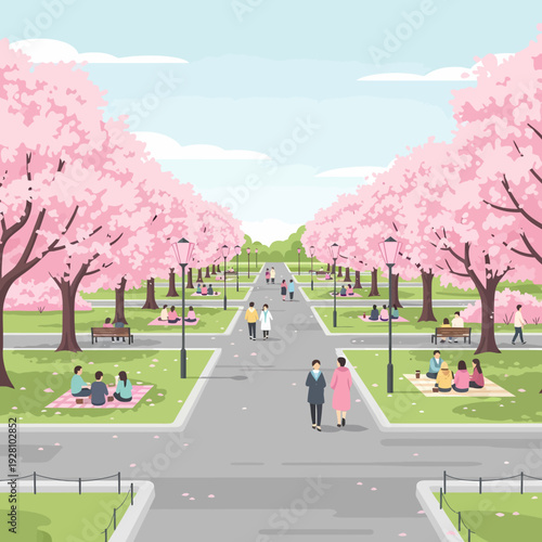 A beautiful park scene in spring with cherry blossom trees, people walking and picnicking on the grass under a clear sky.