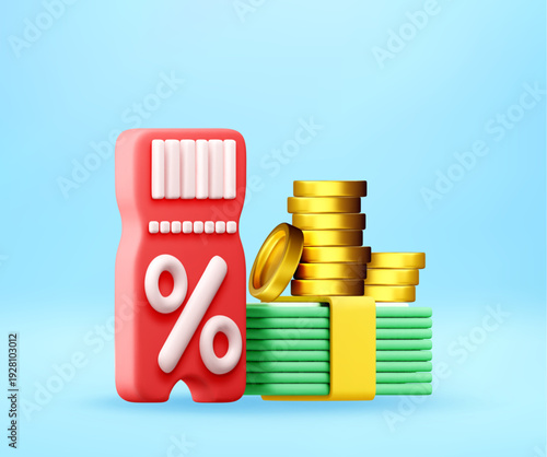 3D Red discount coupon with percentage sign and golden coins with cash bills. Special offer for economy. Marketing promotion for big sale event. Vector illustration