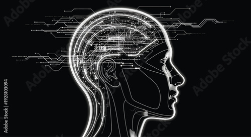 Futuristic Human Head with Circuitry and Neon Lines on Black Background