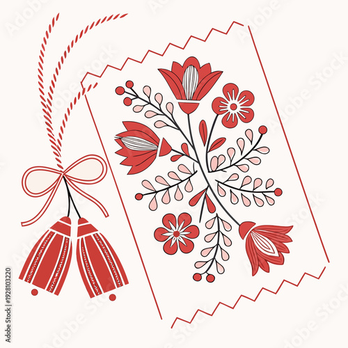 Martenitsa amulet with red and white tassels and traditional embroidered floral folk art pattern on textile, spring celebration