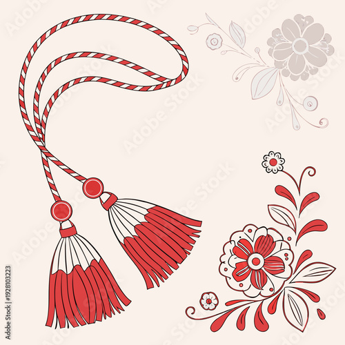 Martenitsa red and white tassels with traditional folk art floral elements, celebrating spring and good health