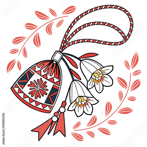 Martenitsa doll with flowers, traditional Bulgarian martenitsa, spring festival symbol, red and white bracelet charm, lucky charm