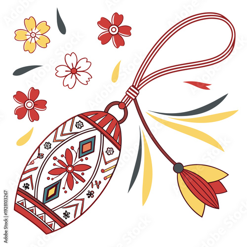 Martenitsa egg charm, traditional Bulgarian martenitsa, spring festival symbol, red white blue yellow, lucky charm ornament