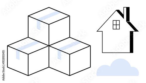 Logistics, packaging, delivery services, e-commerce, home storage solutions, shipping. Three stacked boxes, a house and a cloud. Logistics and packaging concepts highlighted with visual elements